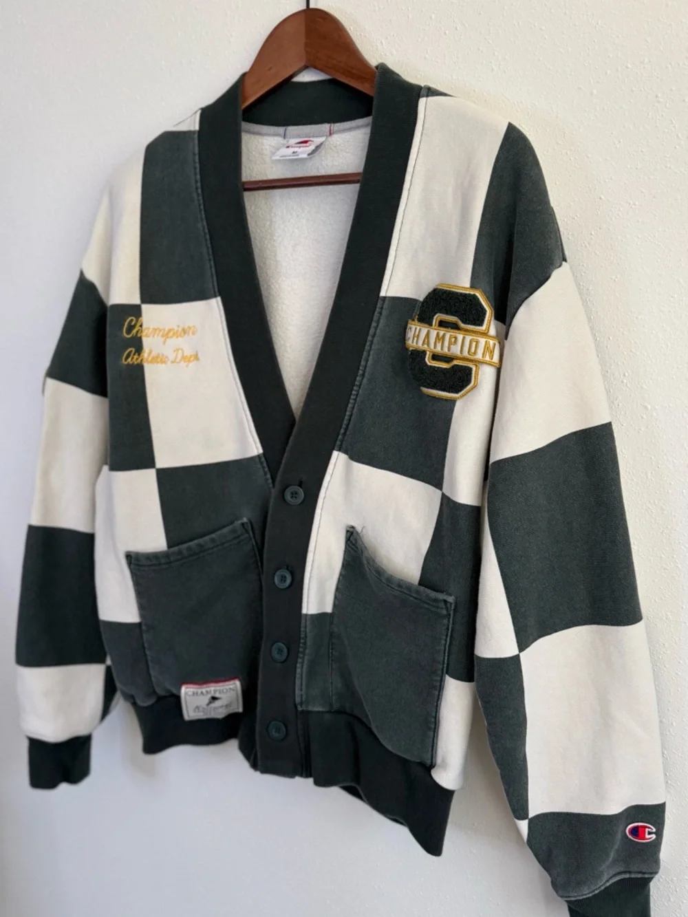 Champion Varsity Check Cardigan Green Cream Medium Retro Collegiate Sweater